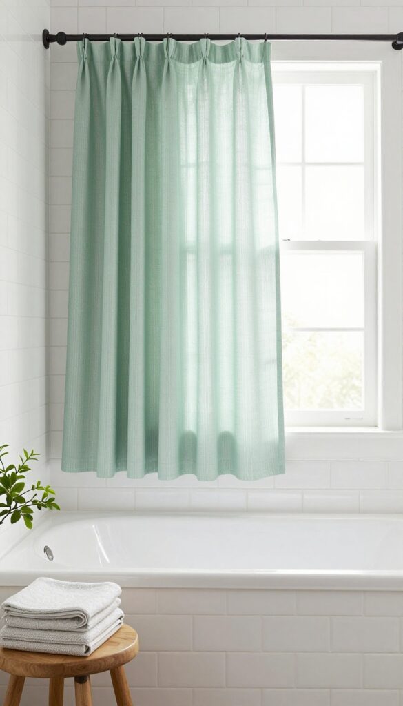 Bathroom with double shower curtain setup using a tension rod inside the tub and a decorative curtain outside