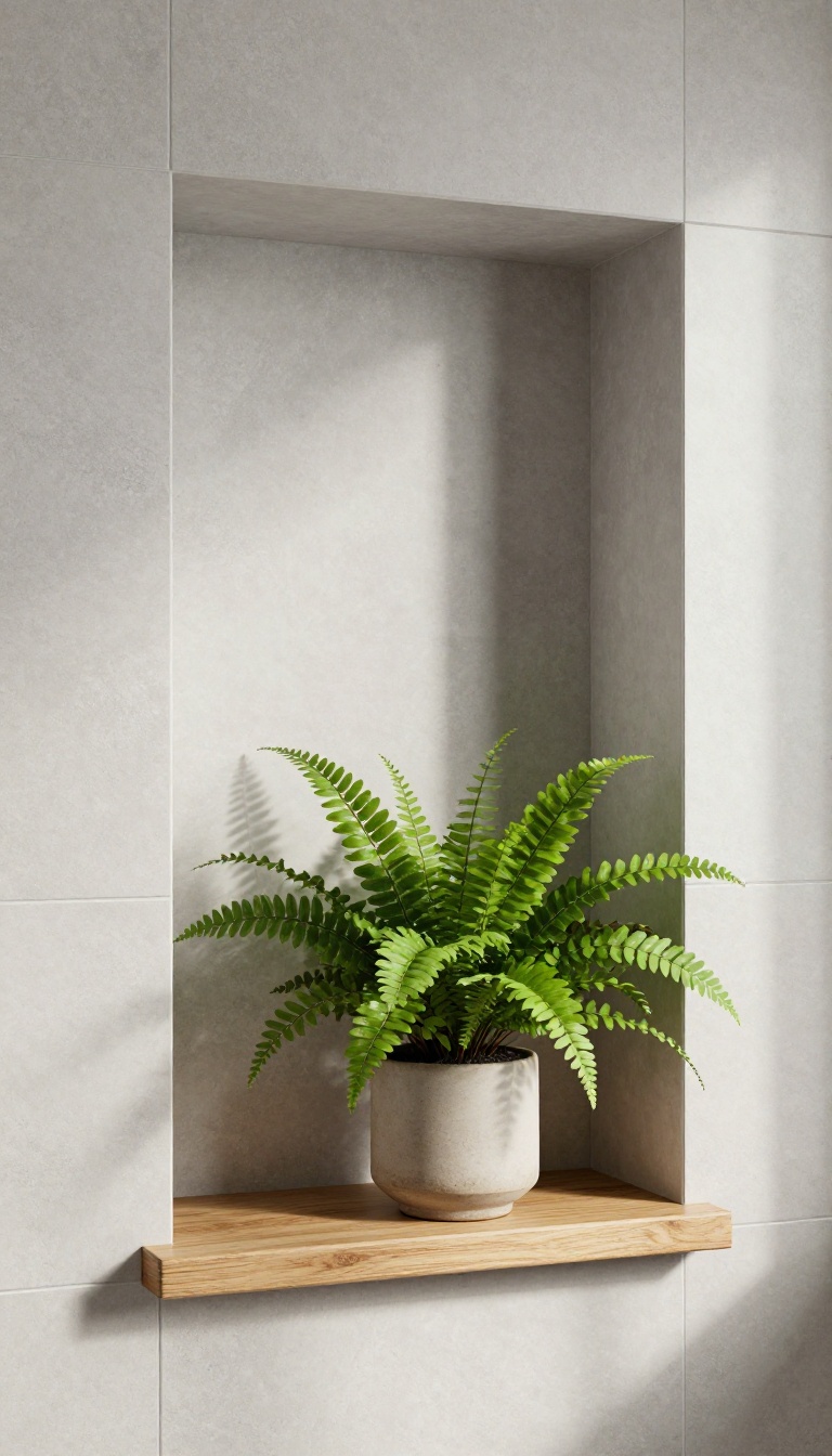 Shower niche with a teak shelf holding a Boston fern, surrounded by light gray stone tile, in a bright modern bathroom.