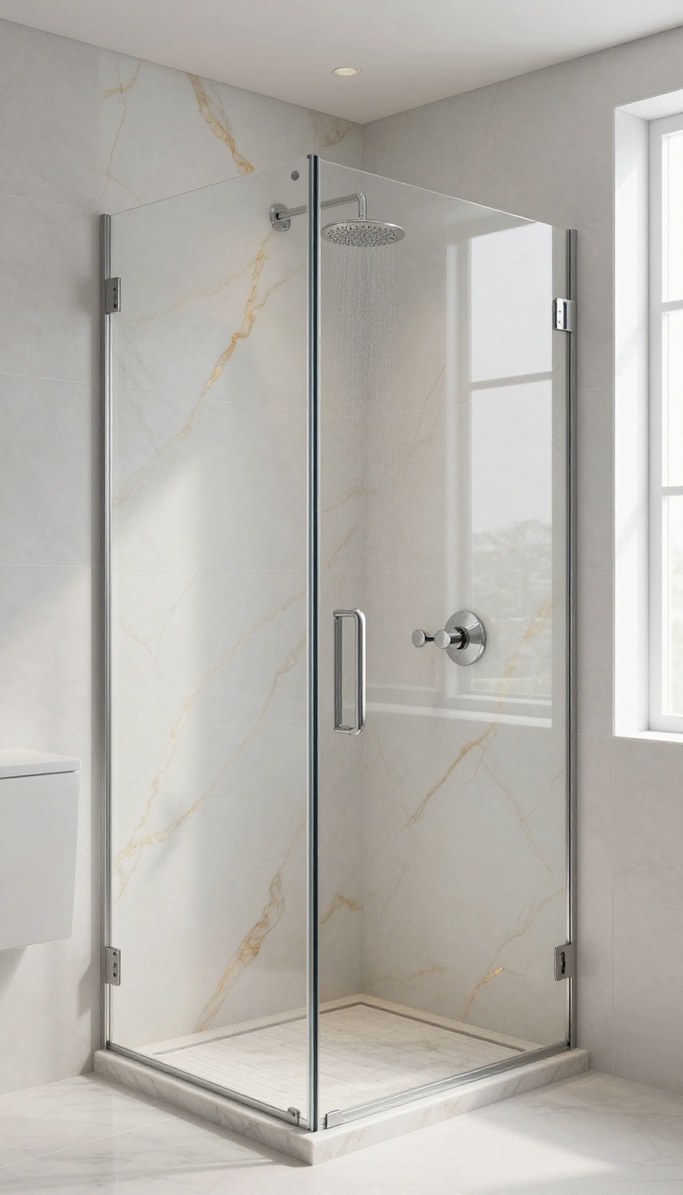 Walk-in shower framed with thin onyx trim, highlighting the crisp and cohesive design.