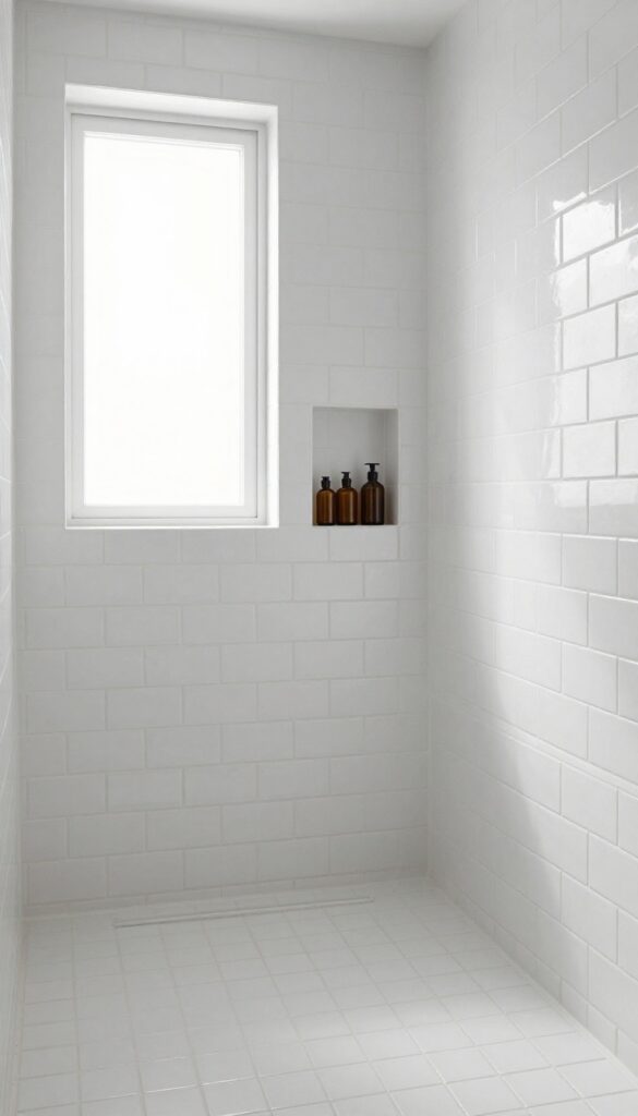 Modern bathroom shower with white subway tile, built-in seat and niche, natural light