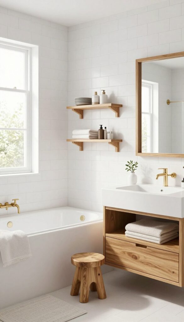 Bright bathroom with white subway tile and warm wood accents