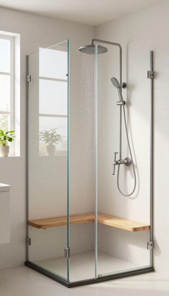 Corner shower seat in a small bathroom, maximizing space with a teak bench