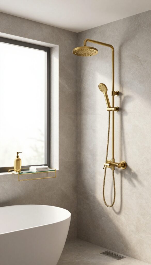 Grey shower tile with warm undertones paired with polished brass and gold fixtures in a bright, airy bathroom