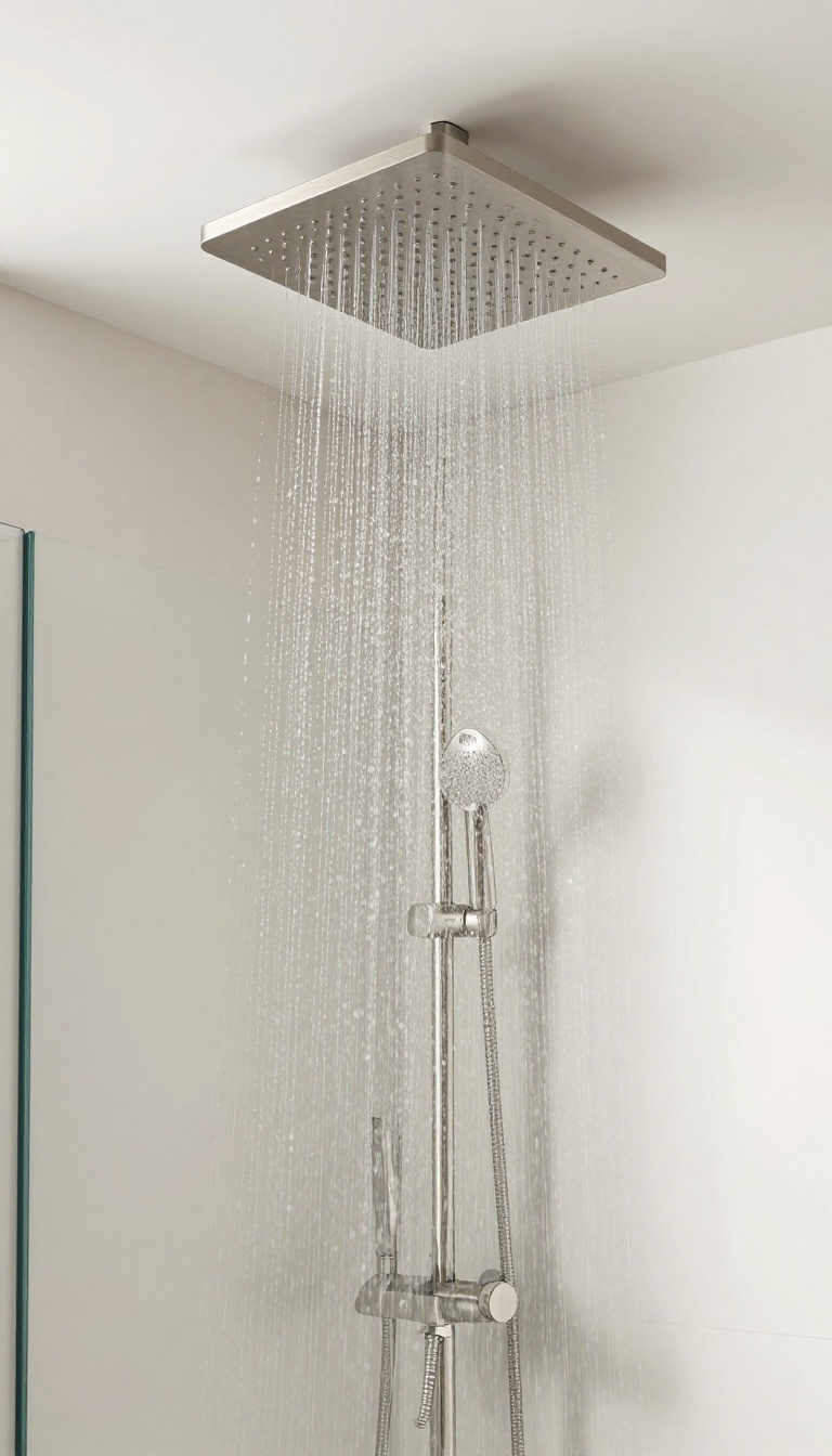 Modern standing shower with ceiling-mounted rainfall showerhead in a bright, spa-like bathroom