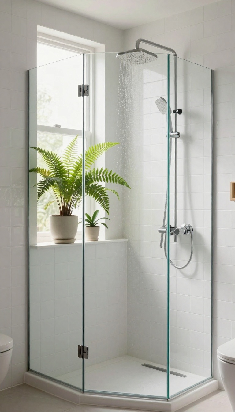 Modern shower corner with a built-in tiled shelf displaying green plants like ferns and orchids, adding a fresh natural touch to the bathroom.