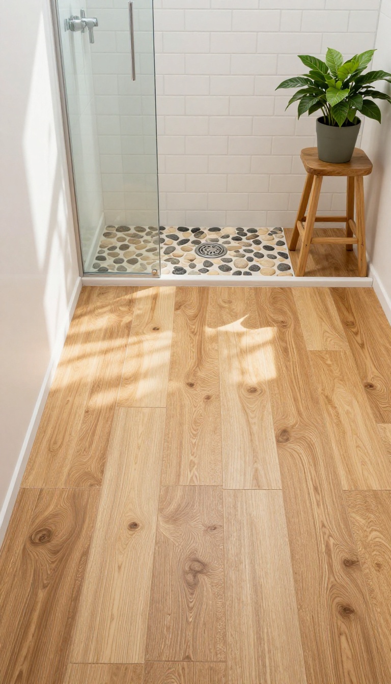 Wood-look tile shower floor with pebble stone accent mat in a bright, spa-like bathroom