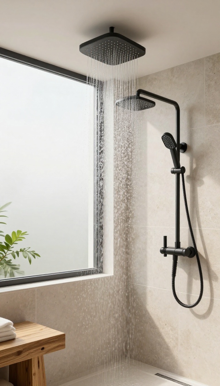Modern bathroom with a ceiling-mounted rainfall showerhead creating a spa-like experience