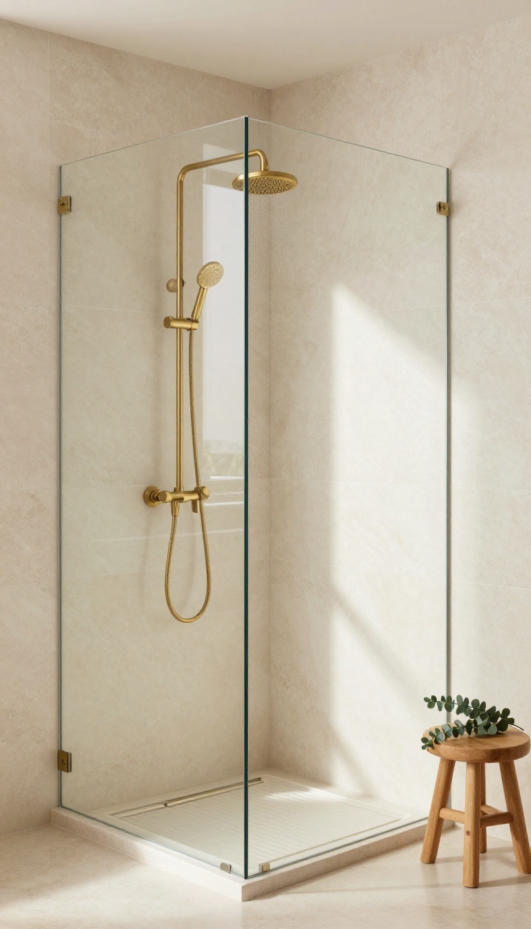 Limestone shower with neutral tones, matte finish, and spa-like ambiance