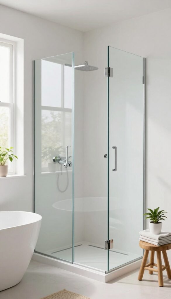Bright bathroom with frameless glass shower panel above bathtub, reflecting light and creating an open, airy feel