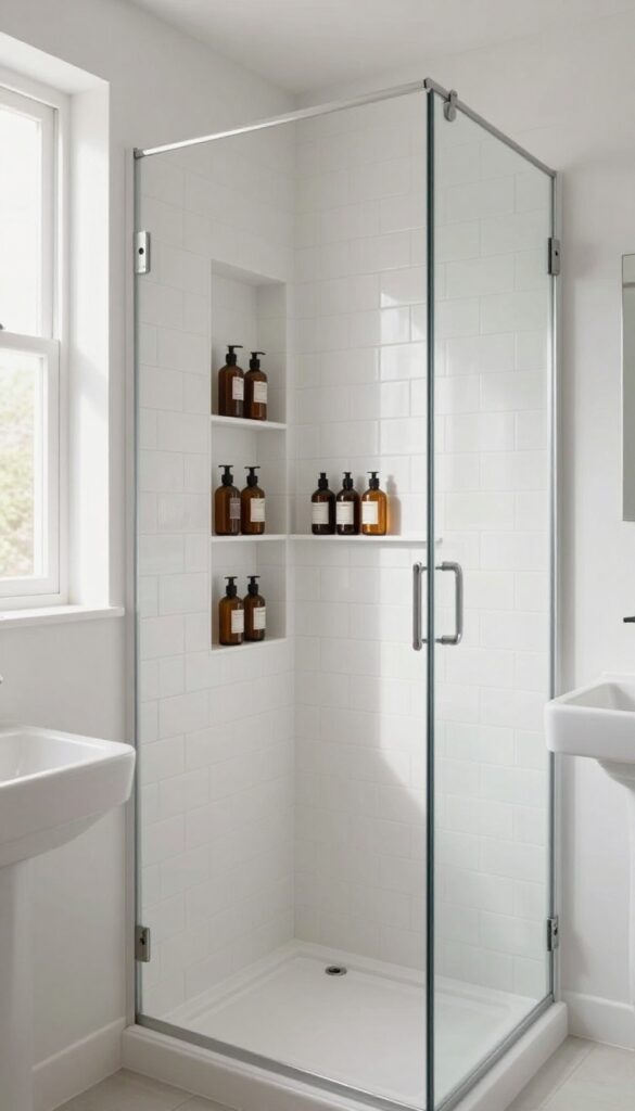 Modern small bathroom with a built-in shower niche holding toiletries, bright natural light, clean minimalist design