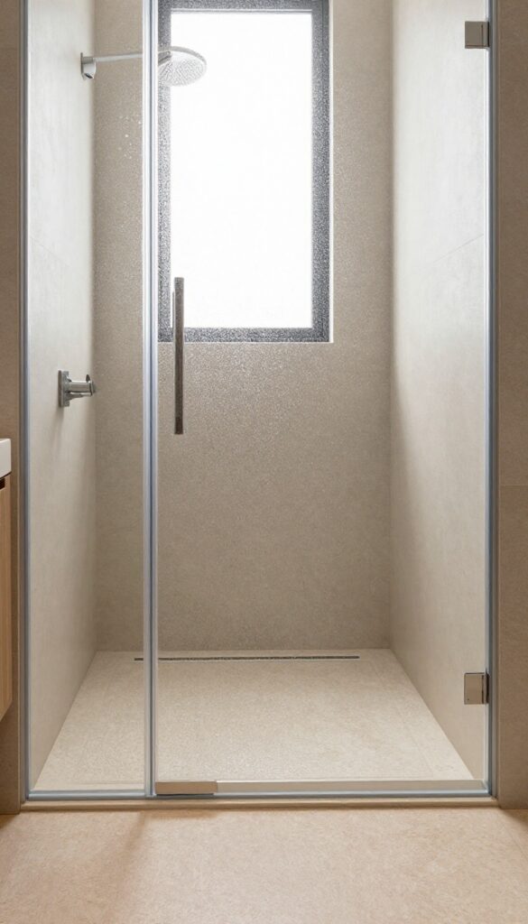 Modern bathroom with a textured stone-resin shower base floor, showcasing slip-resistant safety in a bright, spa-like setting