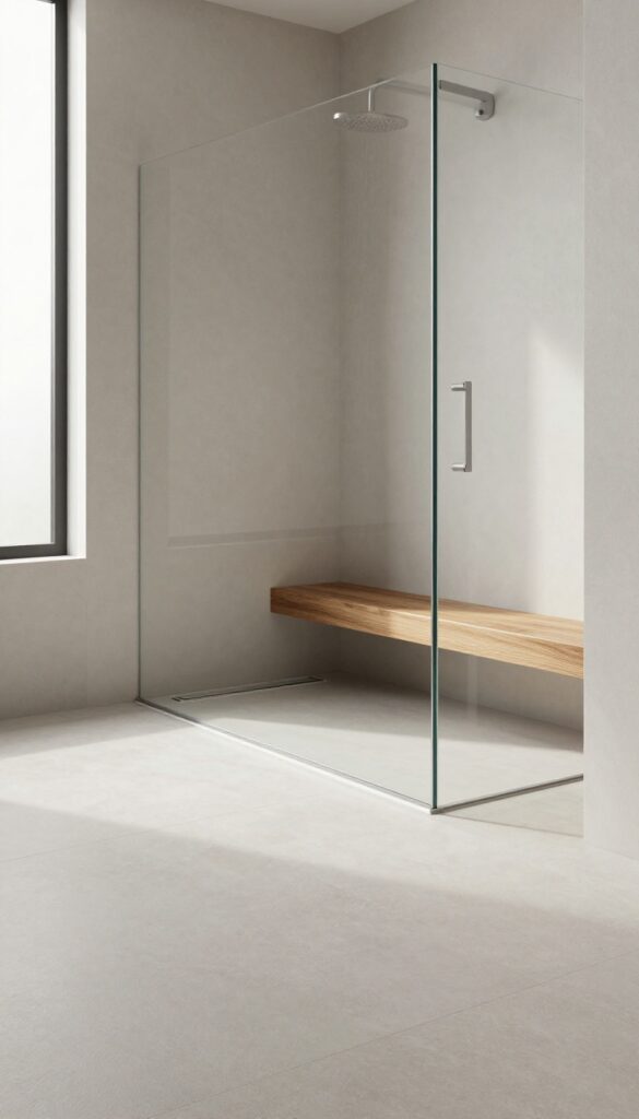 Modern walk-in shower with a linear drain and seamless tile floor