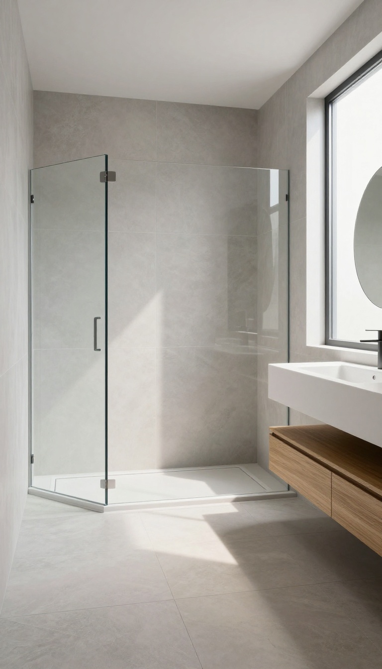 Zero entry shower with a single glass panel in a bright minimalist bathroom
