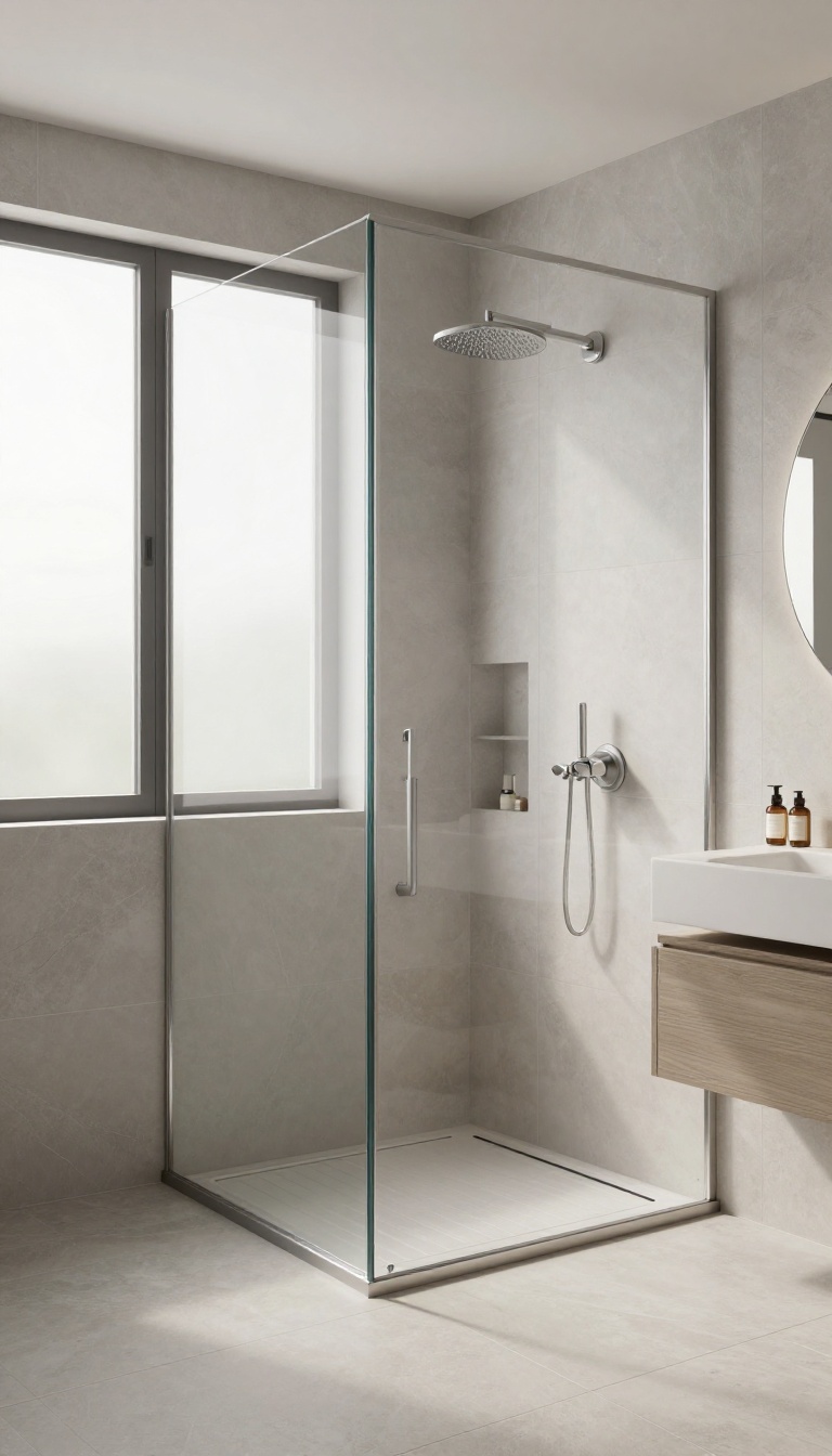 Curbless walk-in shower with seamless tile floor and linear drain in a bright modern bathroom.