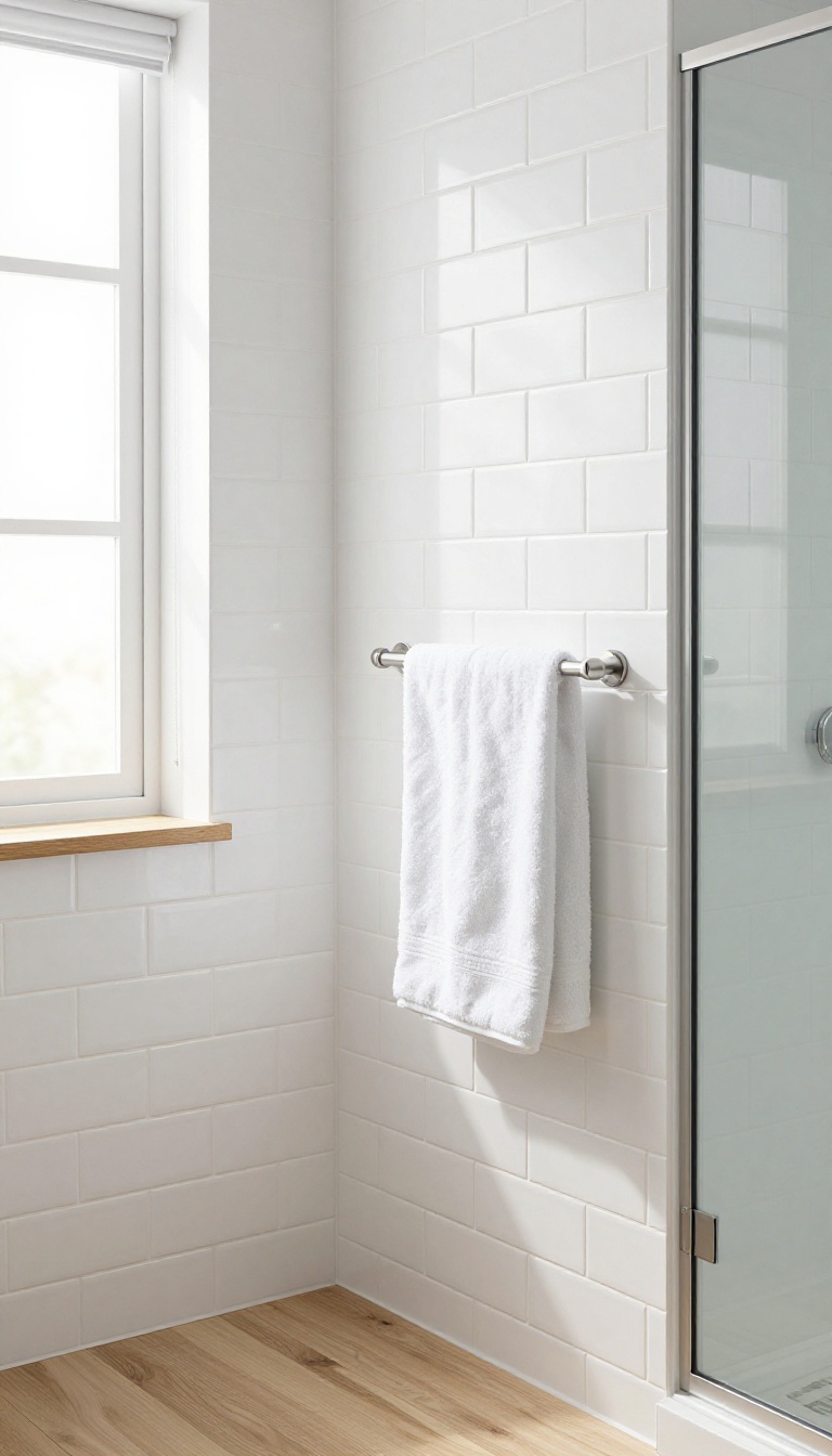 Pony wall with towel bar and hooks in a bright modern bathroom