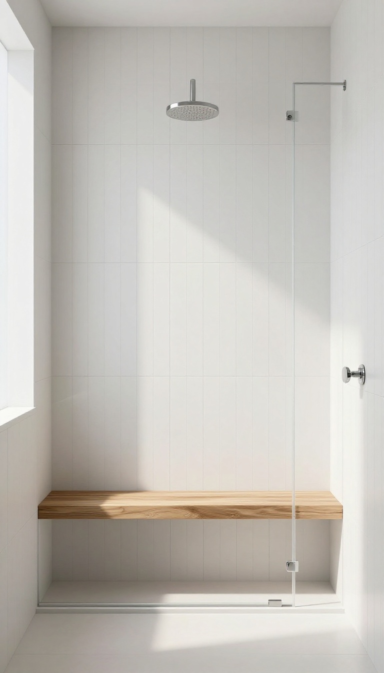 Modern bathroom shower with vertically stacked white rectangular tiles, creating an elongating effect in bright natural light.