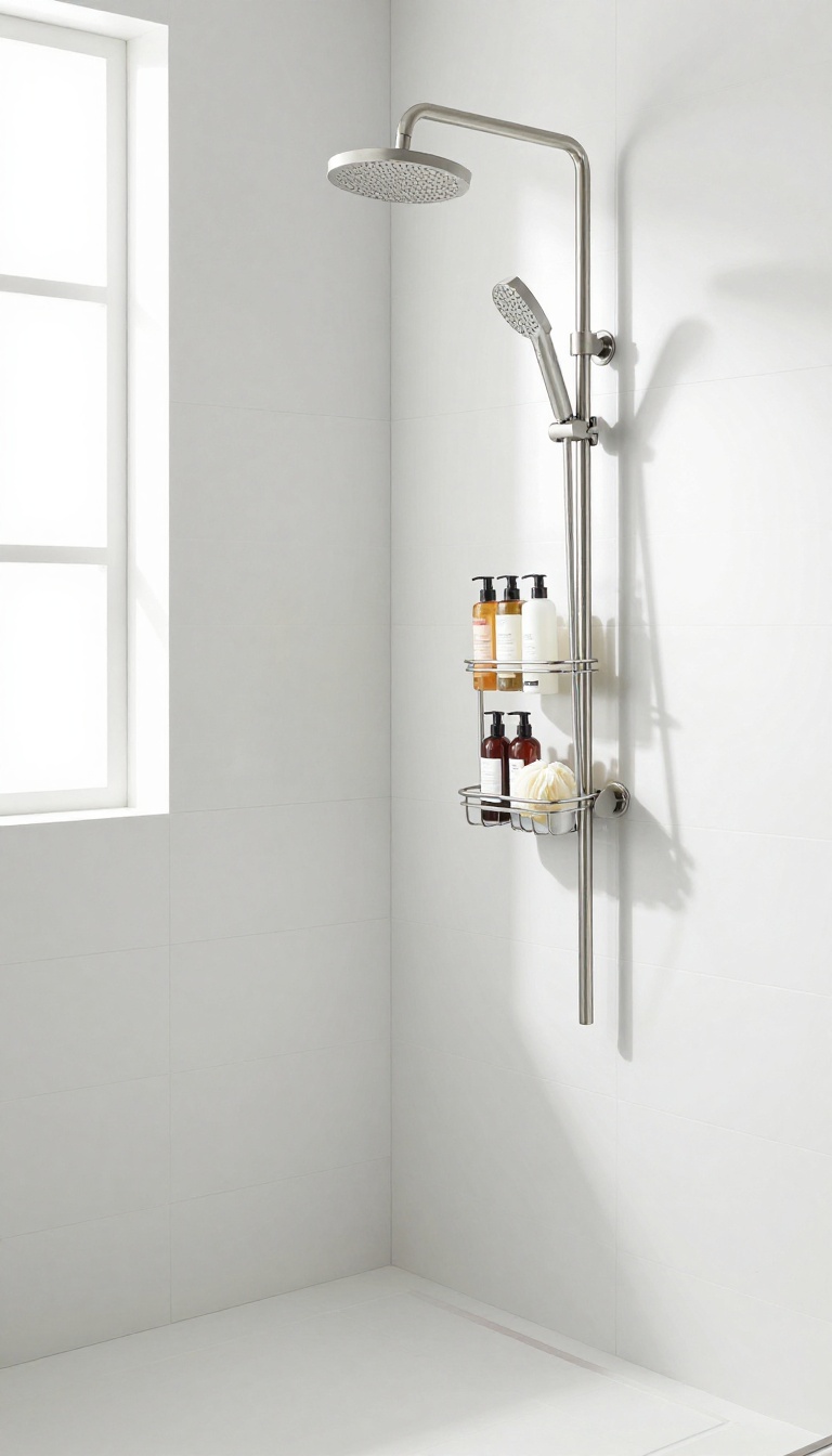 Tension pole shower caddy in a modern bathroom corner with neatly organized toiletries.