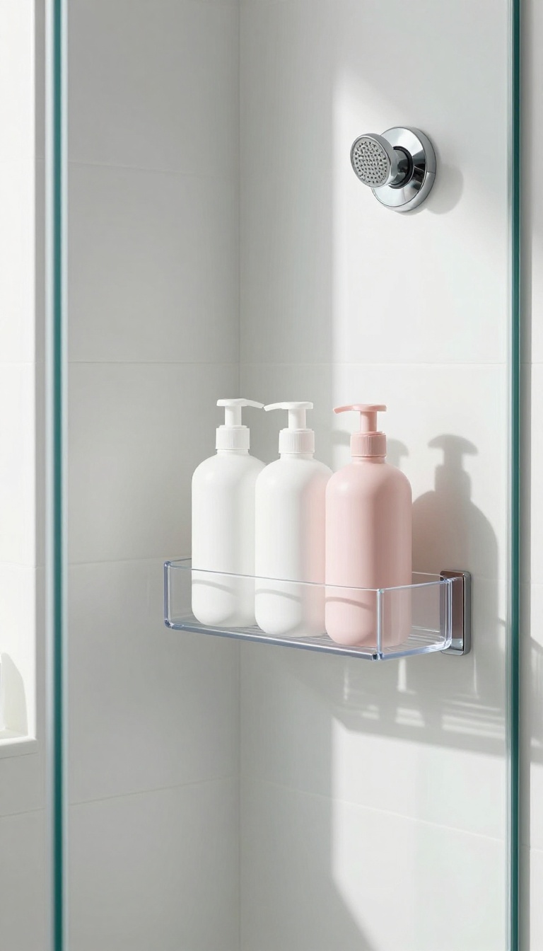Suction cup caddy on a glass shower door holding toiletries in a bright, clean bathroom