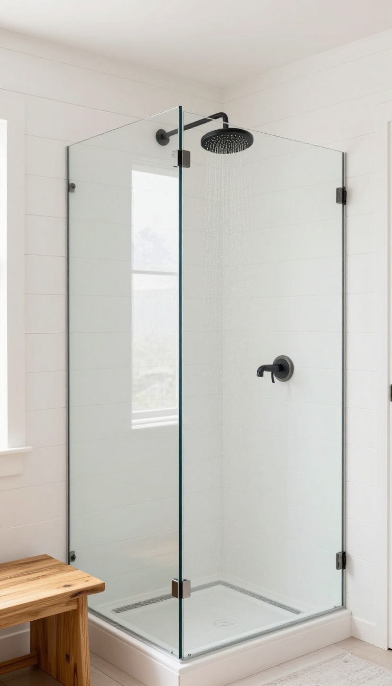 Farmhouse walk-in shower with white shiplap walls, glass enclosure, rainfall showerhead, and wooden bench