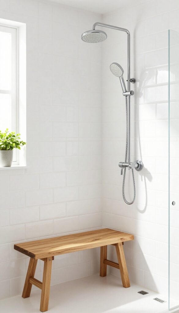 Small stand-up shower with a teak wood bench in the corner, bright natural light, and white subway tiles