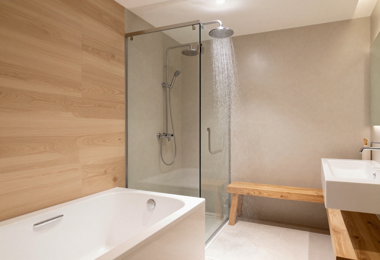 Modern bathtub with shower in a warm, inviting bathroom