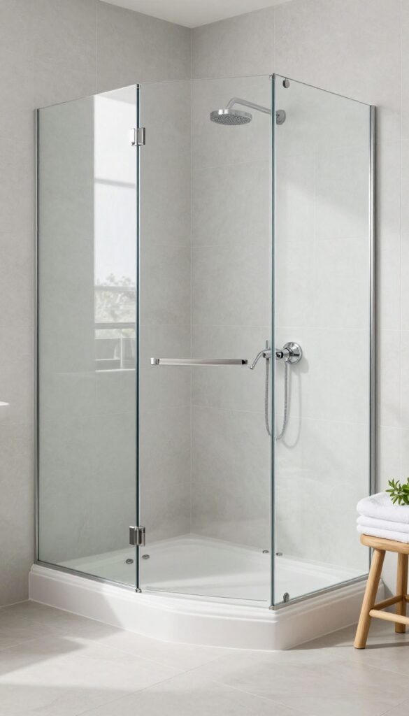 Bright guest bathroom with a white acrylic shower base, glass enclosure, and light gray tile, showcasing a durable and budget-friendly shower floor.