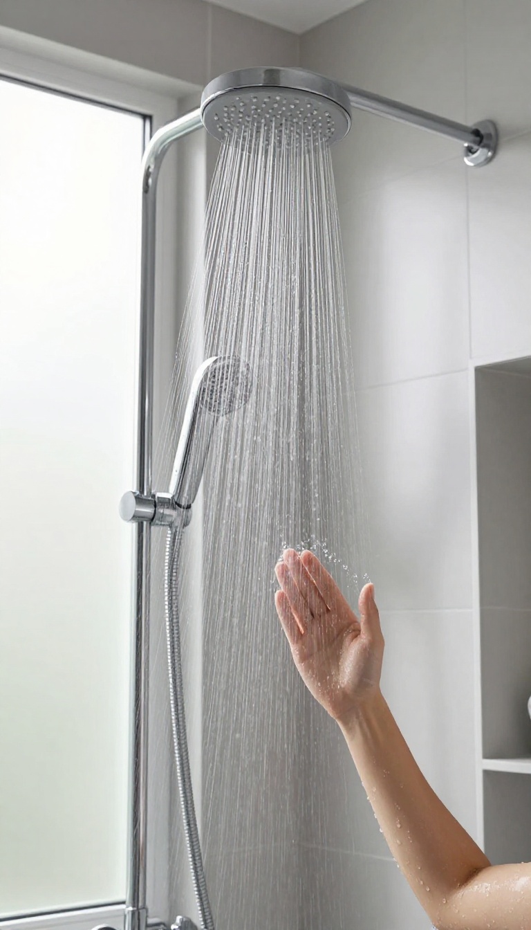 Massage shower head delivering targeted water jets to soothe aching muscles in a bright modern bathroom