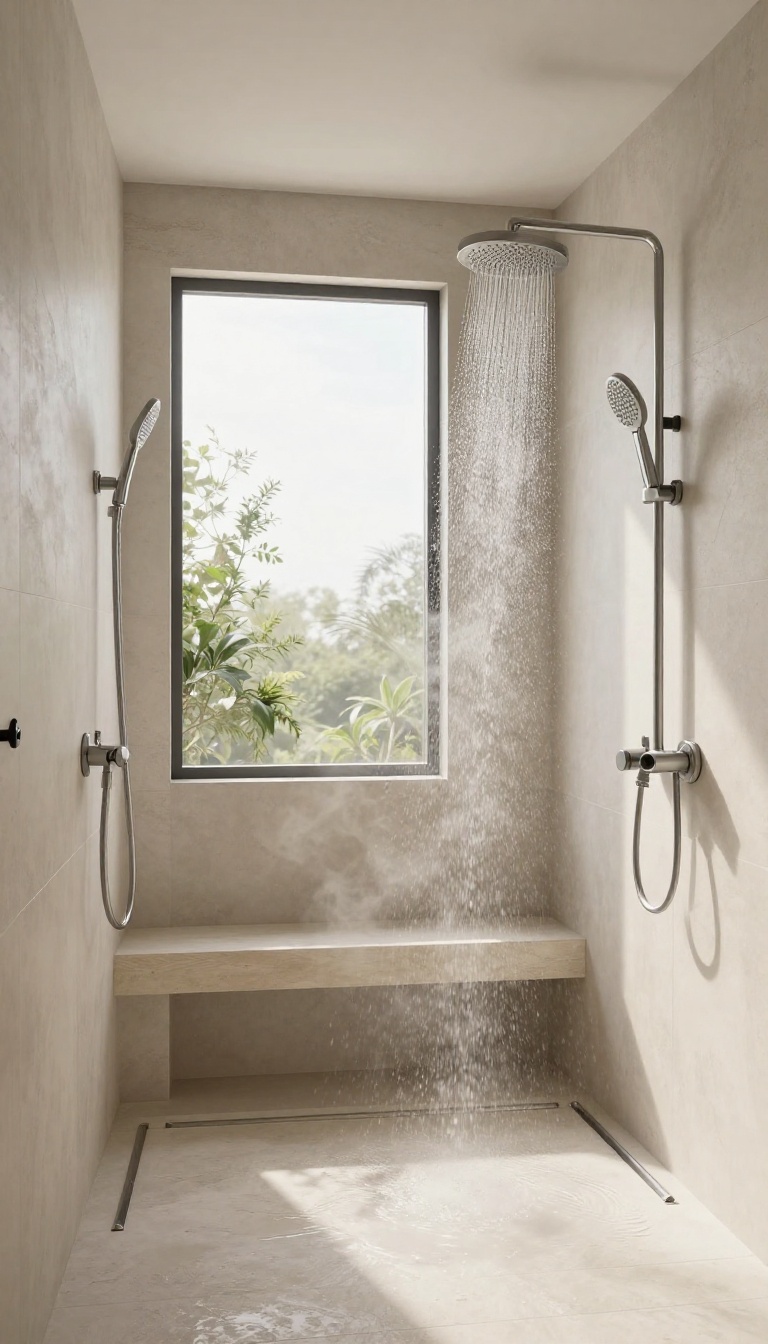 Open walk-in shower with dual shower heads in a bright, spa-like bathroom