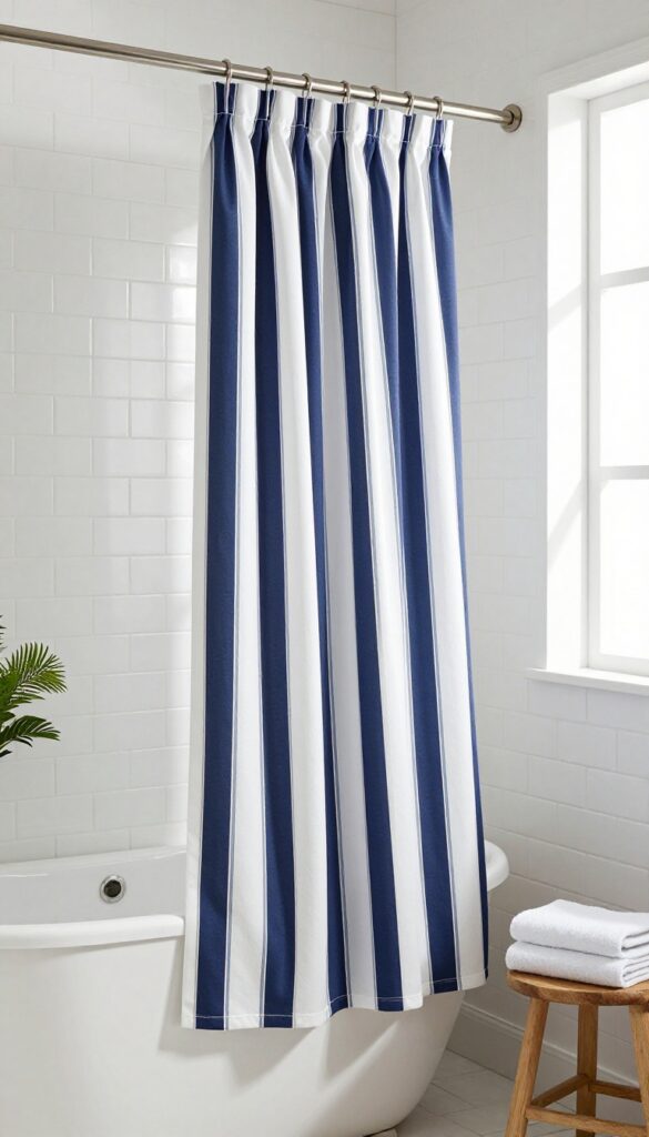White and navy striped shower curtain in a bright, clean bathroom with natural light and a plant.