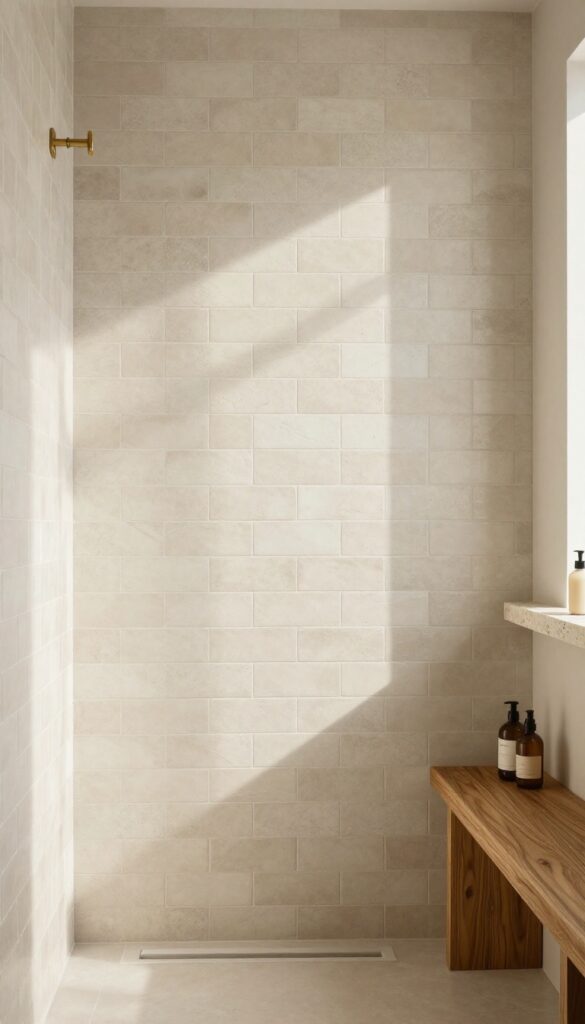 Modern shower with handmade-look subway tiles, teak bench, and stone shelf in a bright, spa-like bathroom