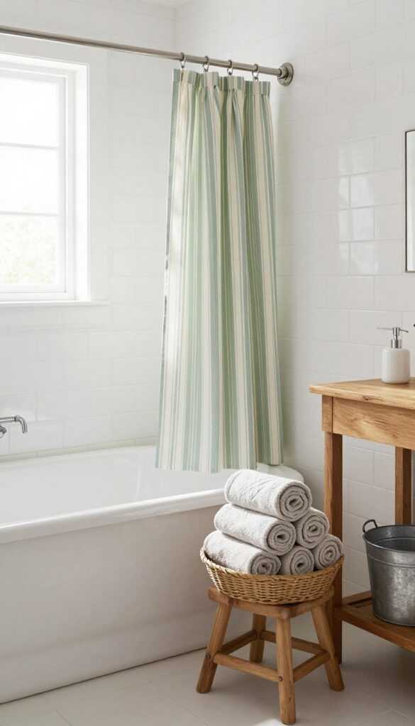 Farmhouse-style bathroom with a sage green and cream striped shower curtain, wooden accents, and natural light.