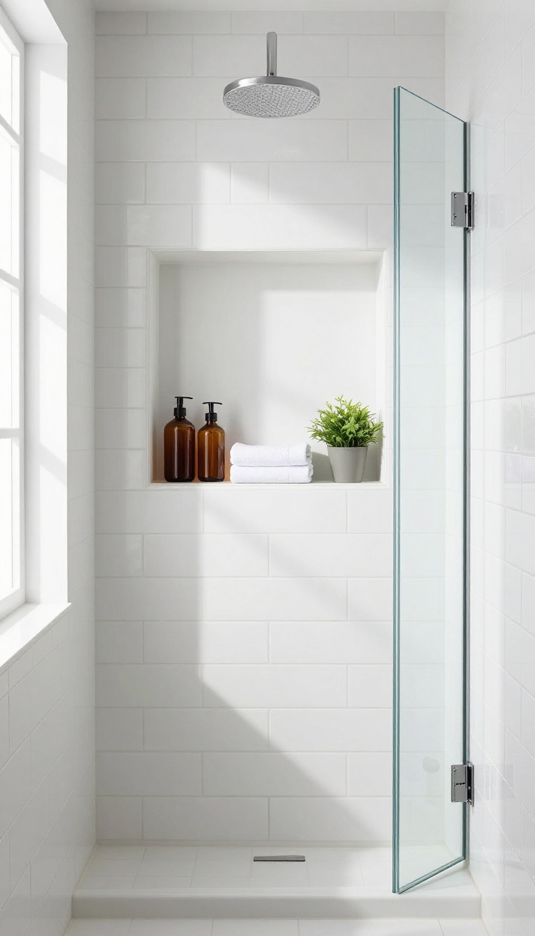 Small bathroom stand-up shower with built-in niche shelving for storage, featuring neatly arranged bottles and a plant in bright natural light.