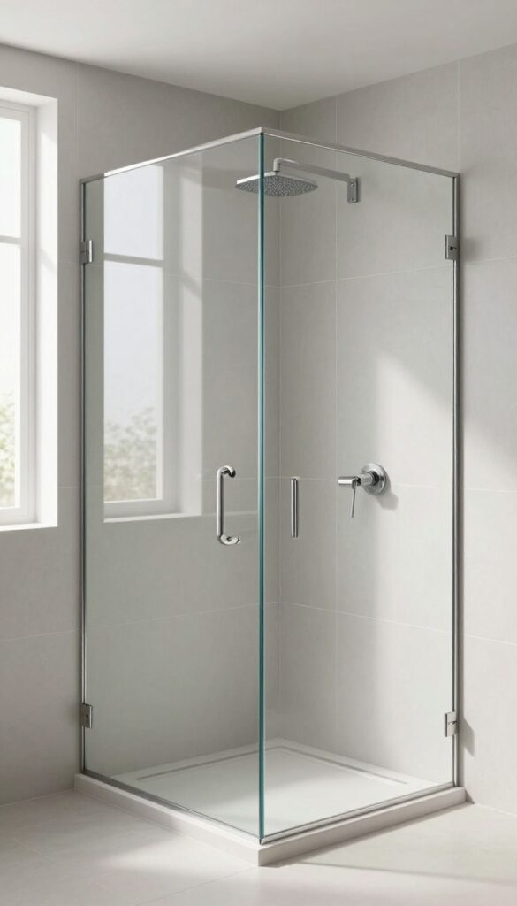 Modern neo angle shower with large-format matte gray tiles and frameless glass, showcasing minimal grout lines and a bright, open feel.