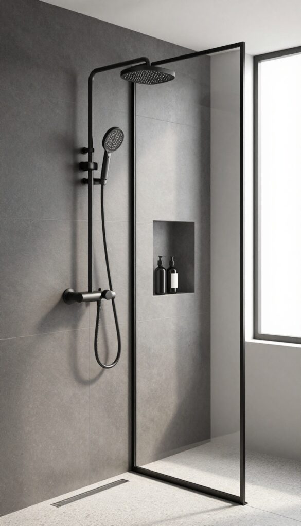 Modern shower with matte black and brushed nickel fixtures on charcoal tile