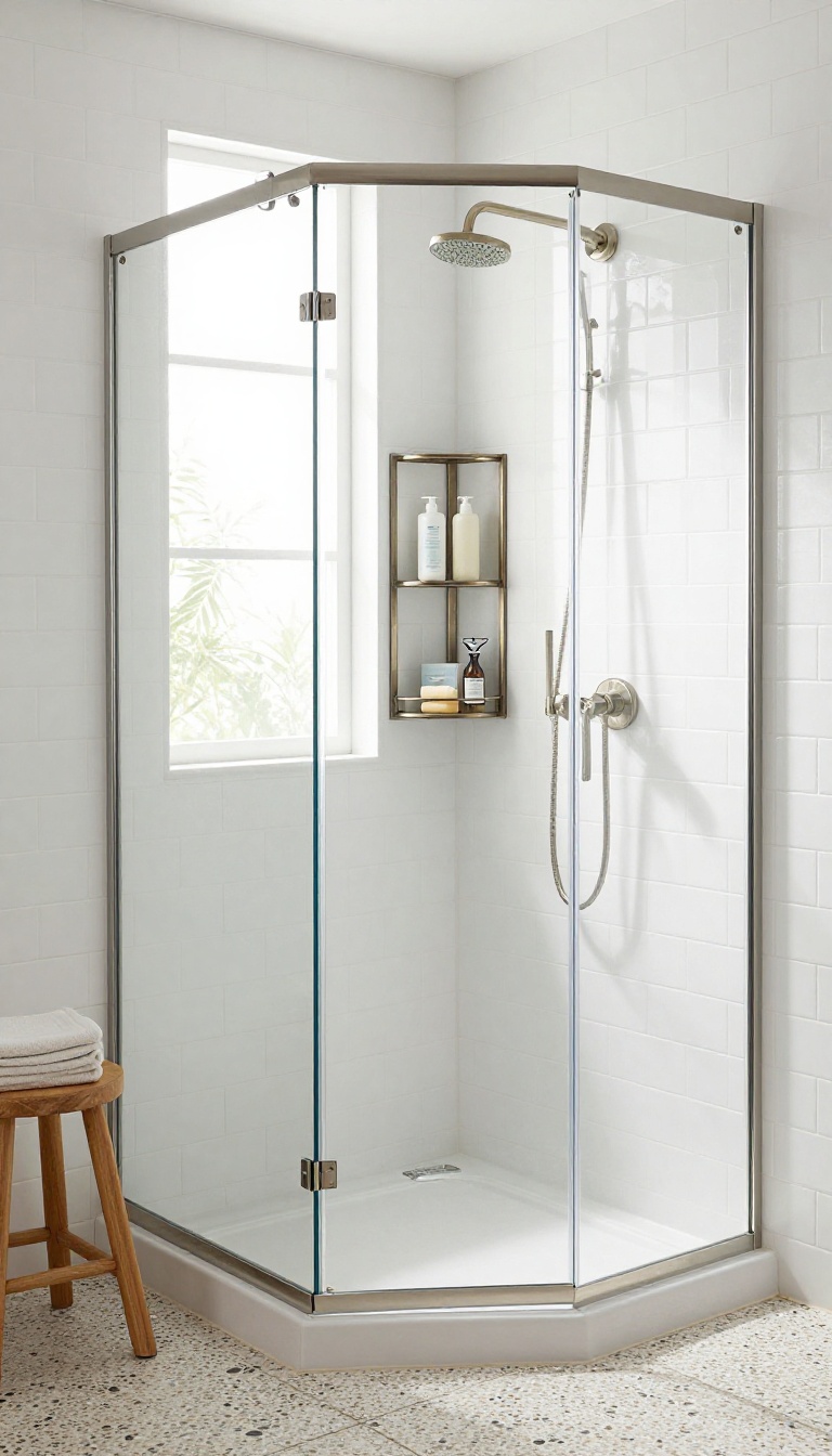 Modern bathroom shower with a brushed nickel corner caddy holding bath essentials, natural light, clean and organized.