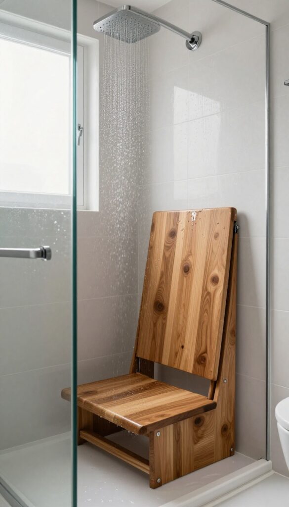 A teak fold-down seat mounted above a bathtub in a small modern bathroom, with a showerhead and glass screen, in bright natural light.