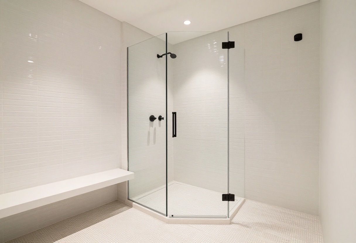 Modern walk-in shower with white subway tile and matte black fixtures