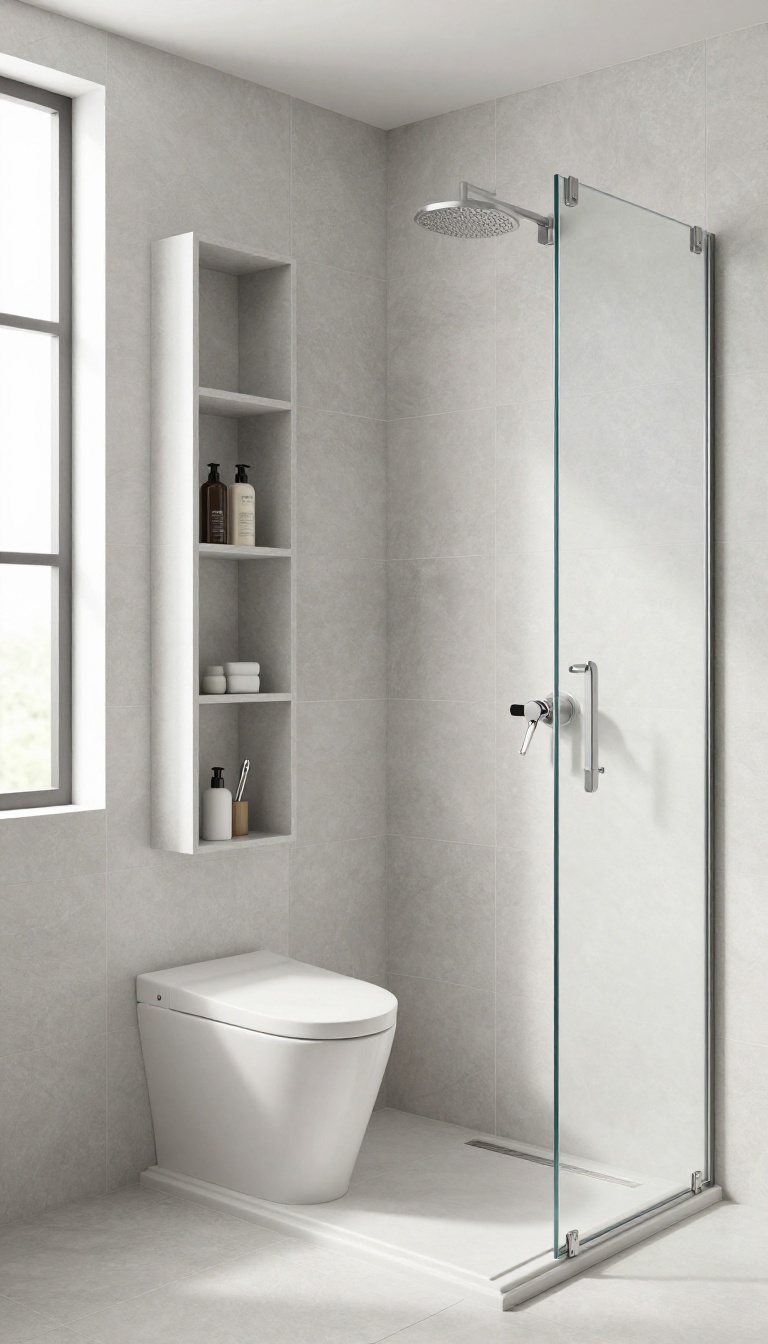 Modern bathroom with pony wall featuring built-in shower seat and storage cubbies