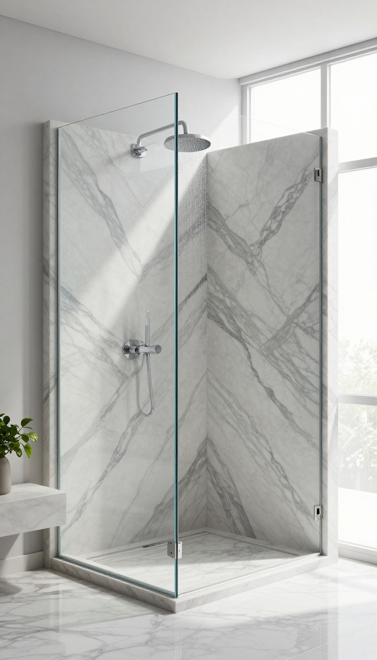Walk-in shower with book-matched marble slab walls showing mirrored veining, illuminated by natural light