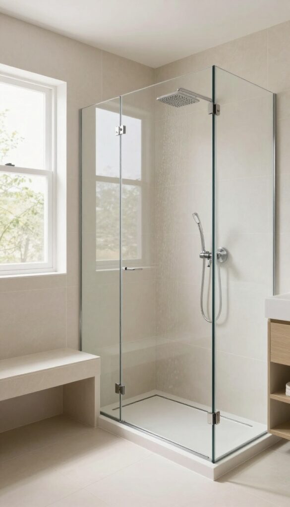 Modern bathroom shower with built-in tile bench seamlessly integrated into the tiled wall
