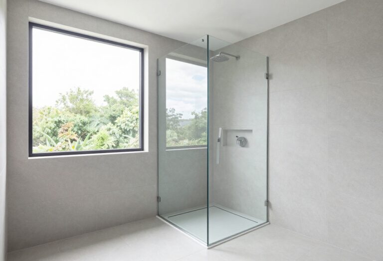 Modern master bathroom with a walk-in shower, frameless glass, and rain shower head