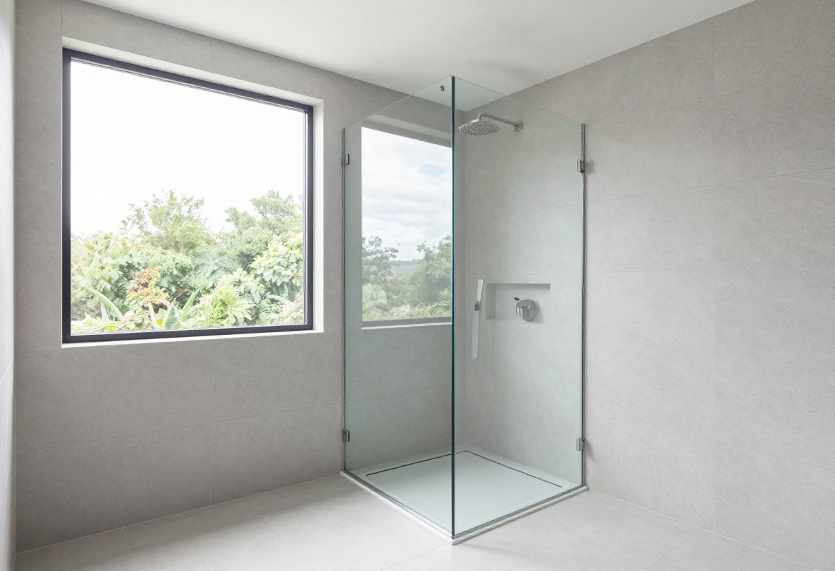 Modern master bathroom with a walk-in shower, frameless glass, and rain shower head