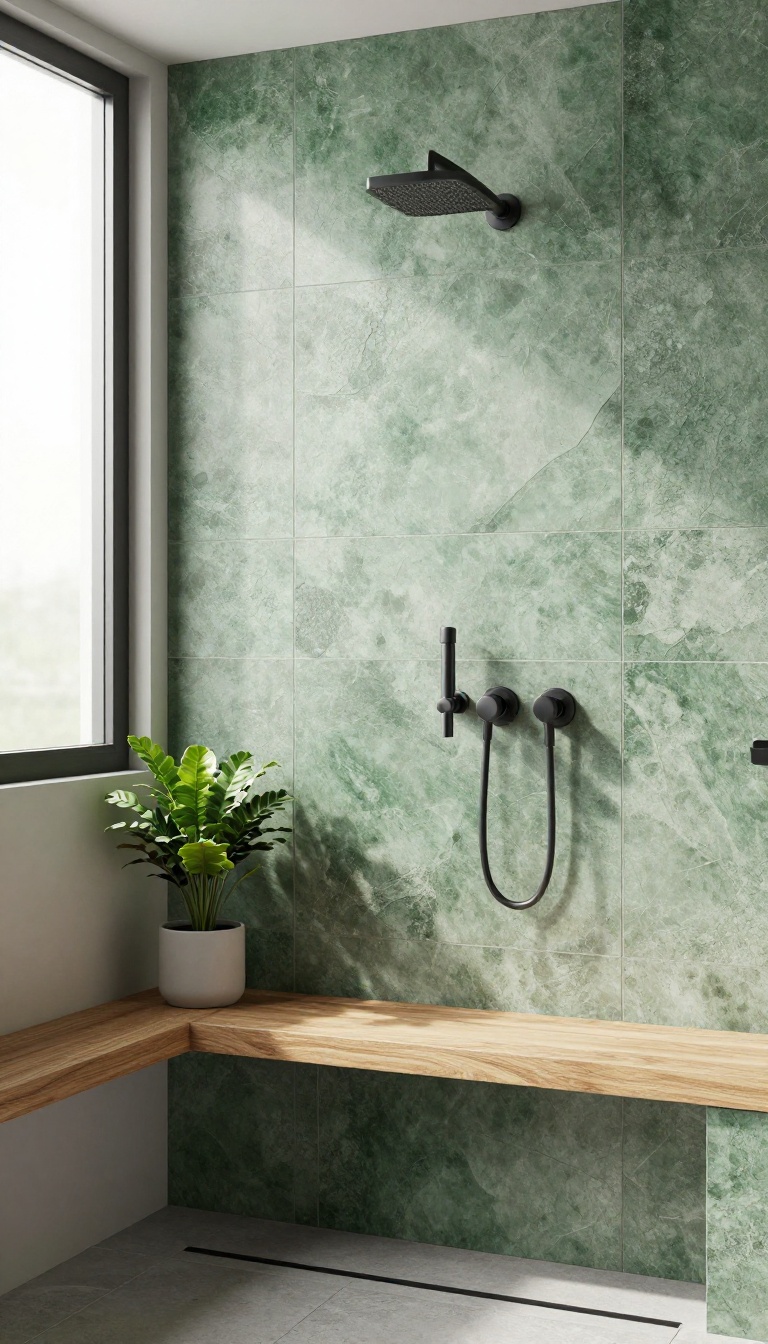 Textured green tile shower with natural stone finish, wood accents, and matte black fixtures