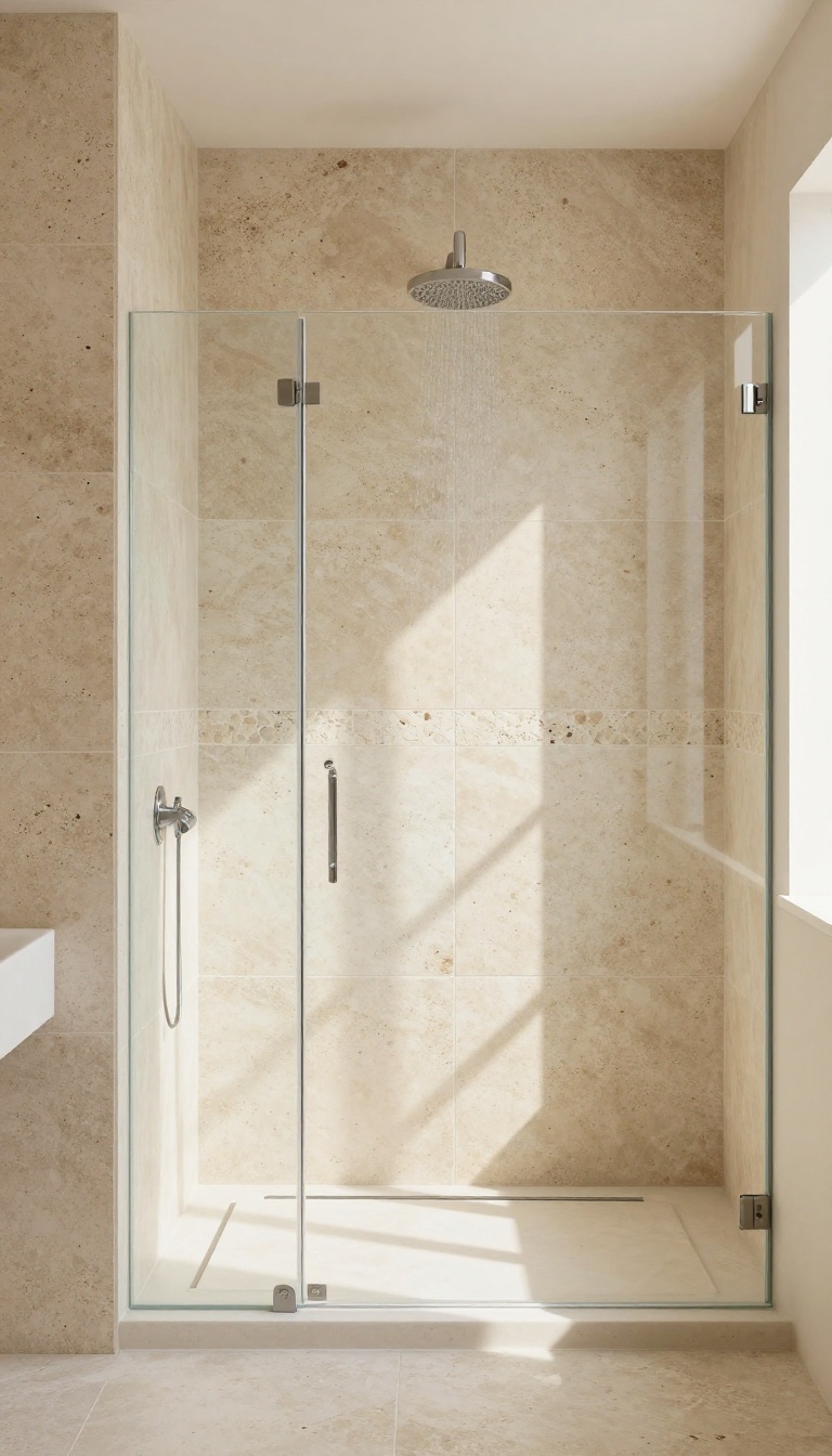 Large-format travertine shower with a slim glass accent band in a modern rustic bathroom
