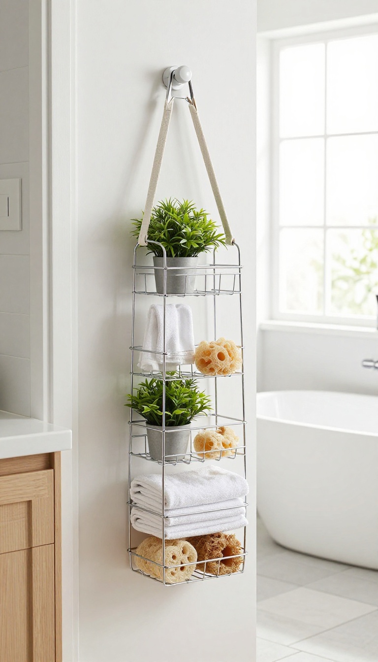 Over-the-door caddy hanging on a bathroom door with shelves holding towels, a plant, and a loofah, in a bright, clean bathroom.