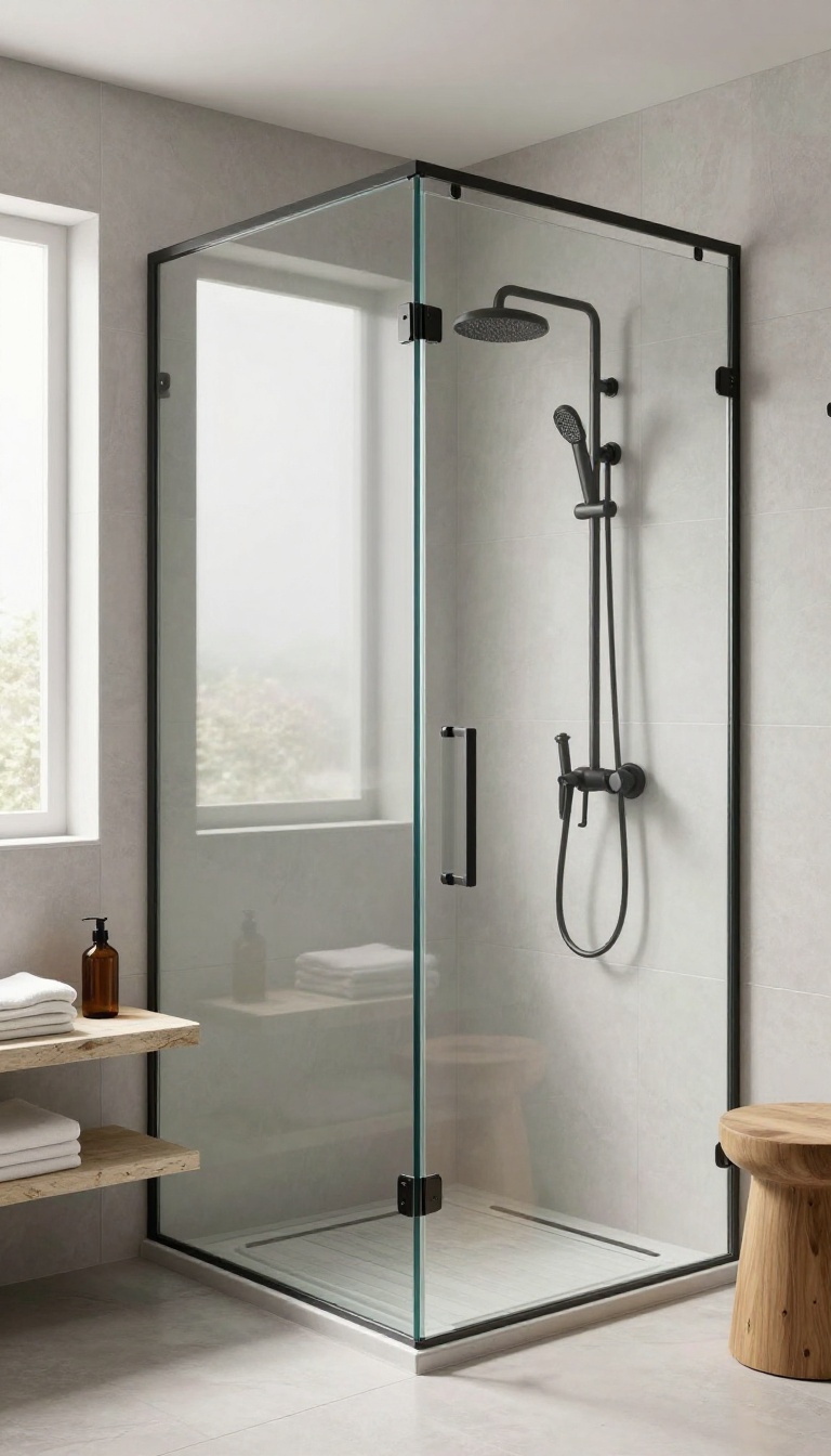 Modern bathroom with a glass shower door featuring a built-in glass bench and shelf, illuminated by natural light.