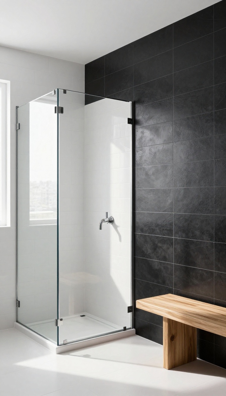 Modern bathroom shower with black tile accent wall and white subway tiles, featuring a glass enclosure and wooden bench.