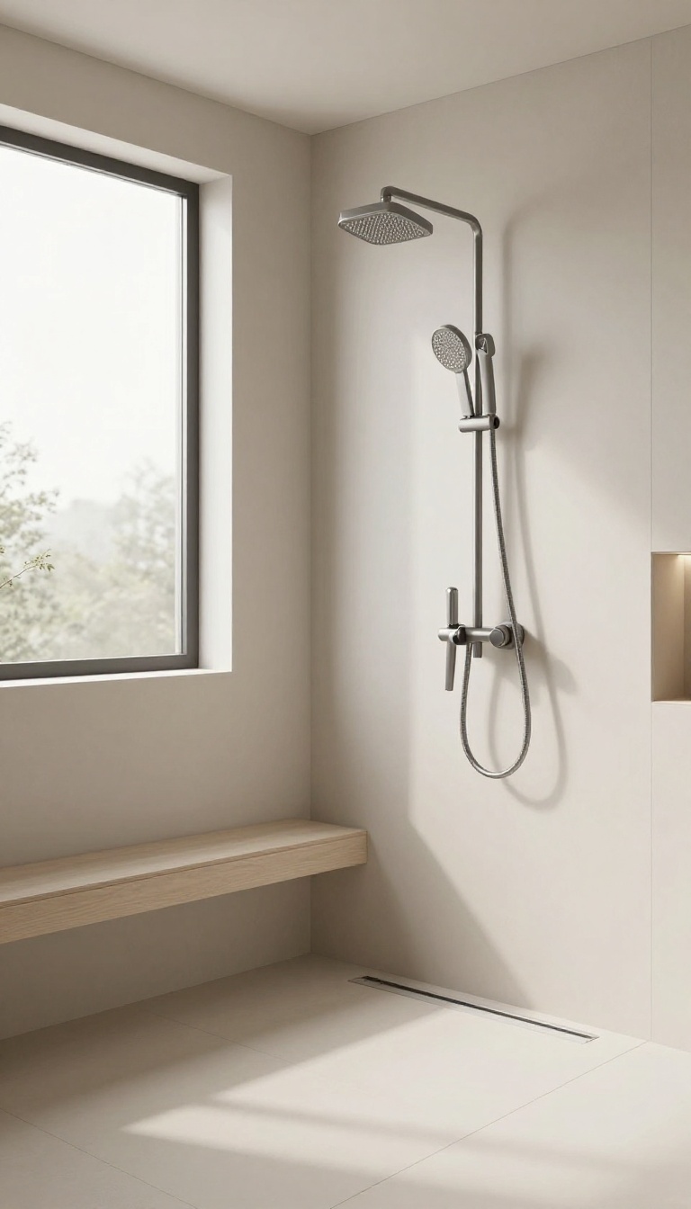 Modern curbless shower with handheld showerhead on a slide bar, featuring a bench and non-slip floor tiles.