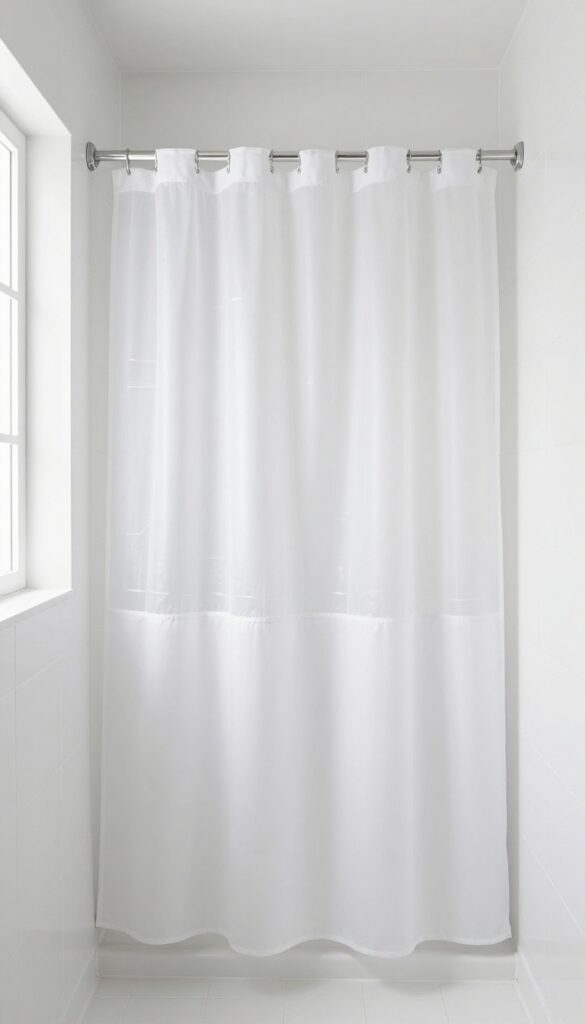 A small bathroom with a two-tiered shower curtain, solid white bottom and sheer patterned top, letting in soft natural light.