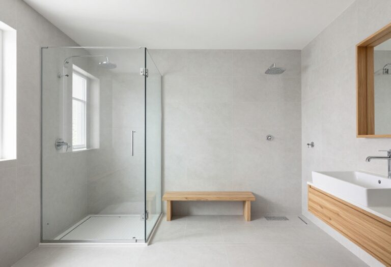 Spacious walk-in shower with frameless glass, bench, and rain shower head in a modern bathroom